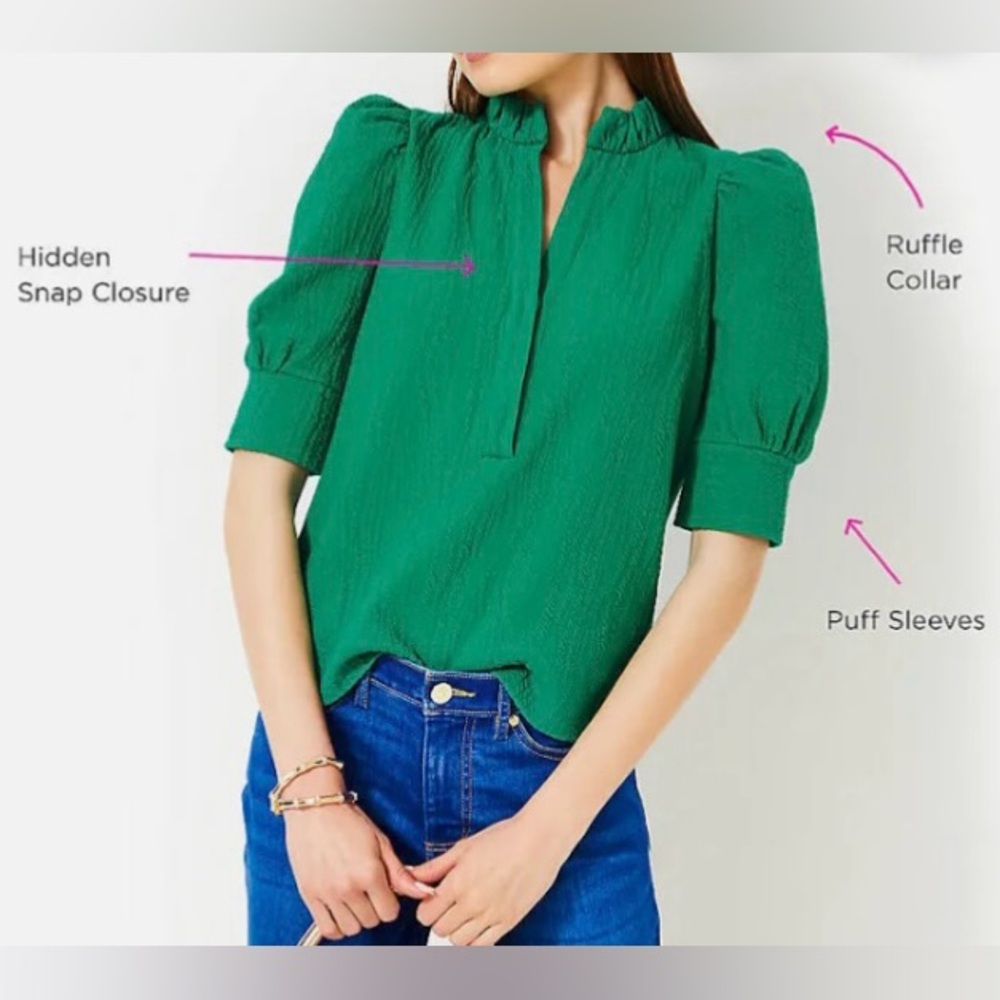 Lilly Pulitzer size M Elsey Knit Top green ruffle collar puff sleeves. - Picture 4 of 14